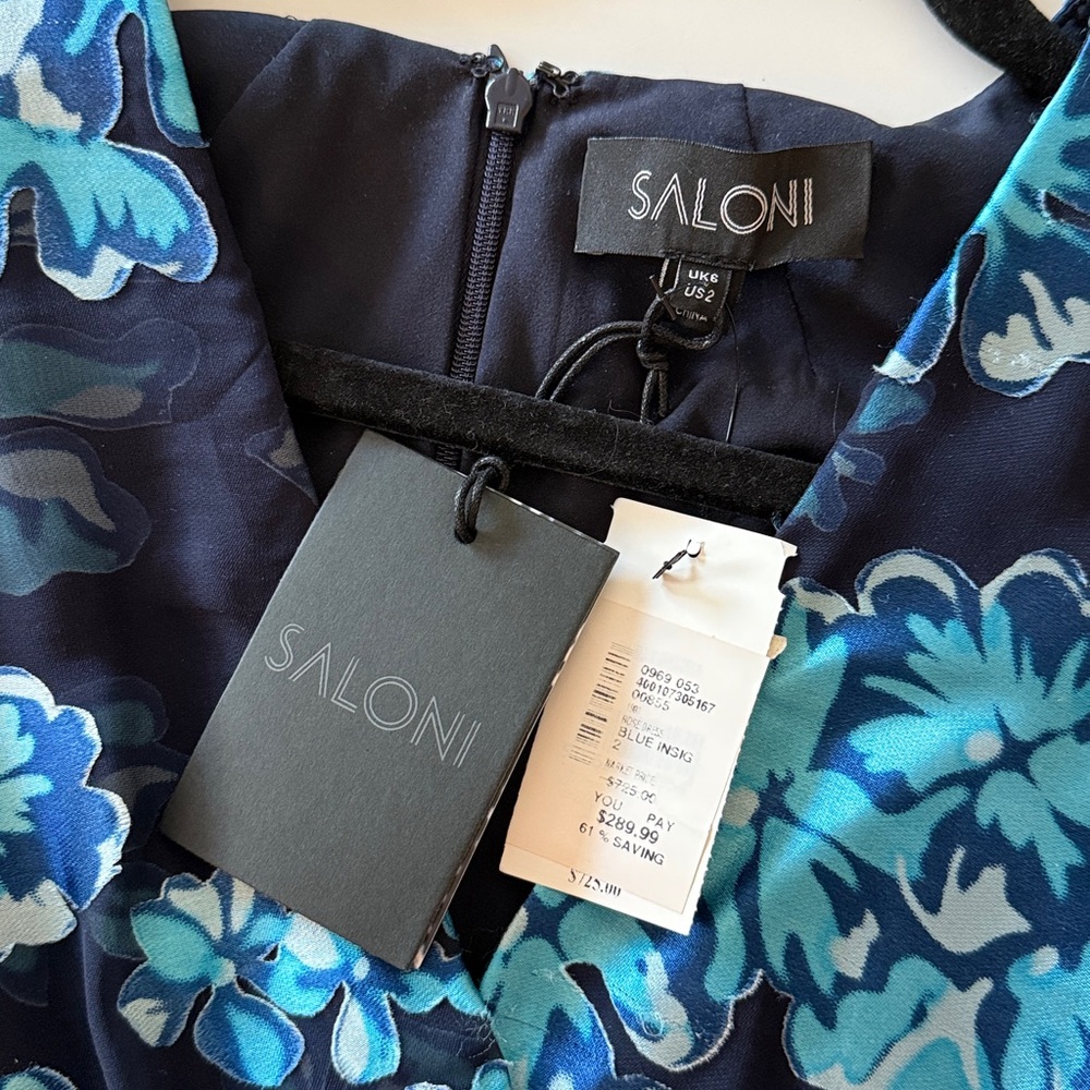 SALONI Silk Floral Burnout Flutter Short Sleeve RuffleTier Faux Wrap Dress sz 2 - Picture 3 of 3